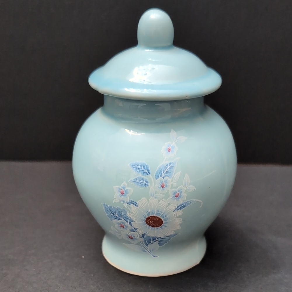 Vintage Mini Sky-blue Ceramic Lidded Ginger Jar With Floral Design.